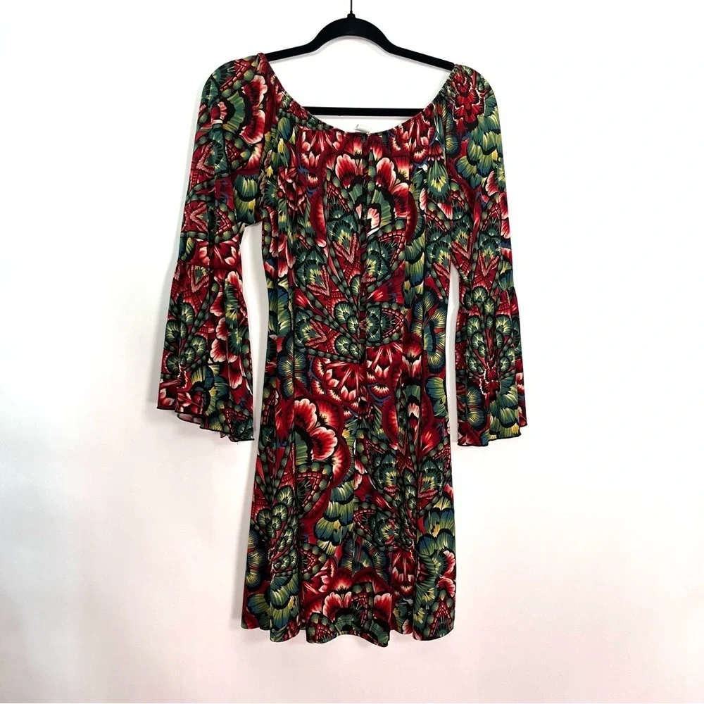 Green Red Floral Print Bell Sleeves Scoop Neck Tunic Top Ruffle Dress